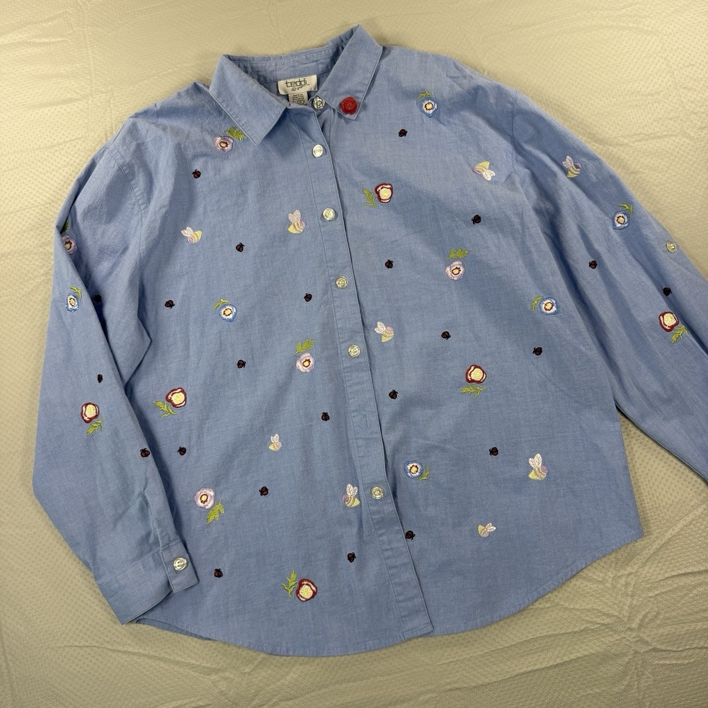 Vintage Teddi Shirt Womens XL Chambray Blue Embroidered Long Sleeve Button Up